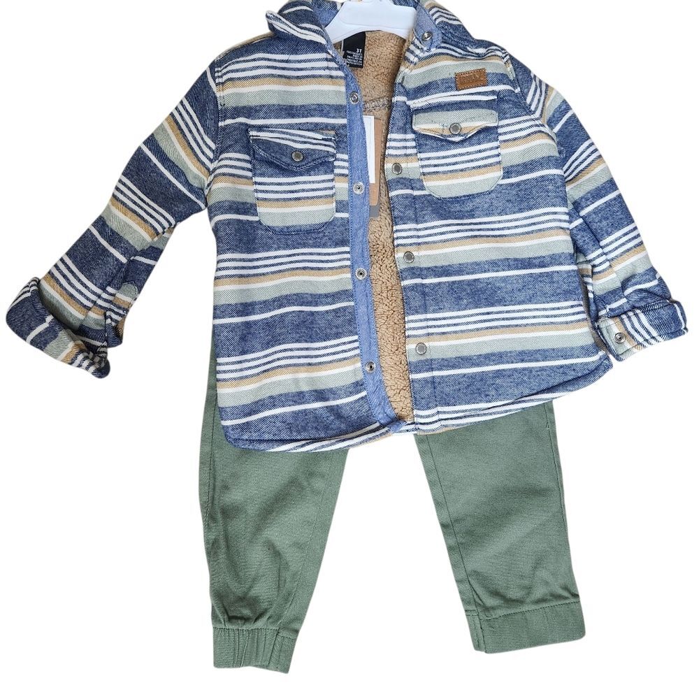 Eddie Bauer 2-piece Shacket & Jogger Set Outfit Size 3T Blue Green Striped NWT